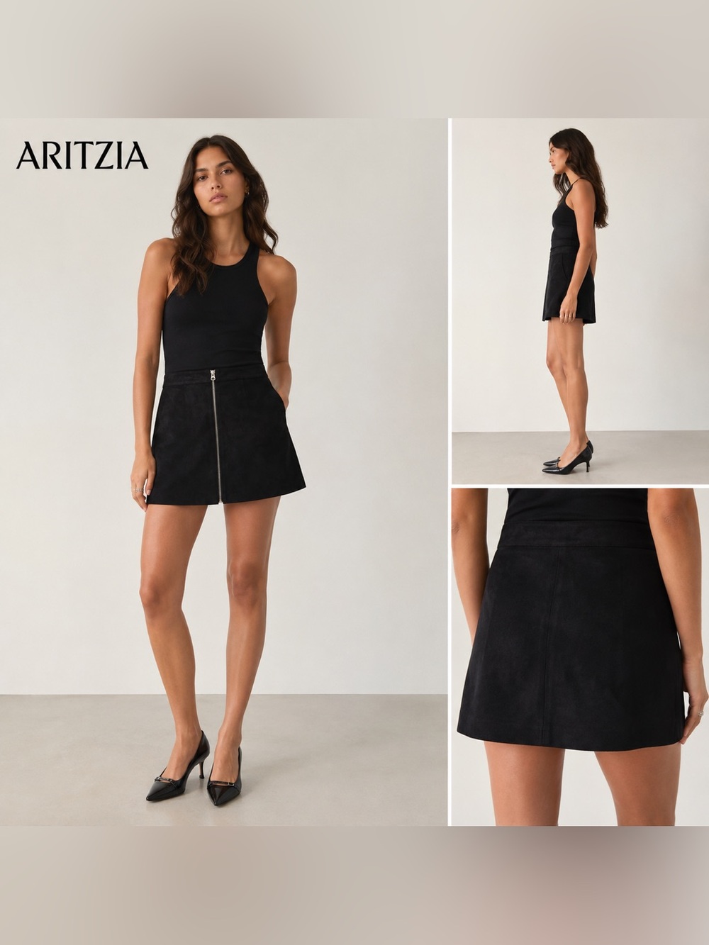 Aritzia Black Zip-Front Faux Suede Mini Skirt